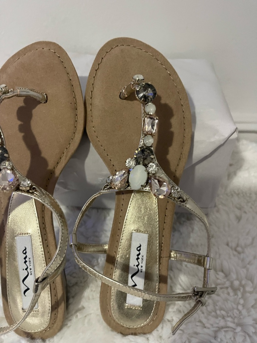 ANNA New York Metallic Gold Jeweled T-Strap Sandals